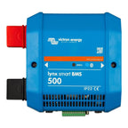 Victron Energy Lynx Smart BMS 500 battery management system, blue rectangular device with red and black cable connectors and 