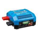 Blue and black Victron Lynx Smart BMS battery management system with red terminal connector and green terminal blocks visible