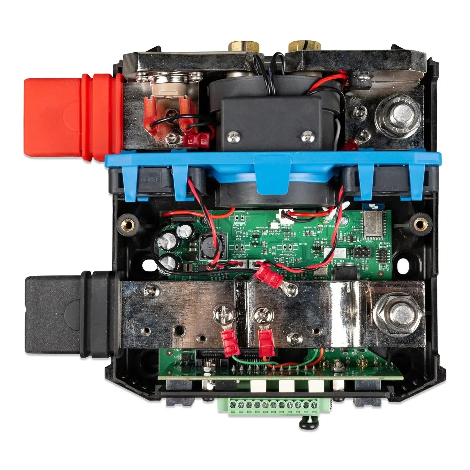 Victron Lynx Smart BMS 500 NG internal components view showing circuit boards, battery terminals, fuses, and wiring with blue