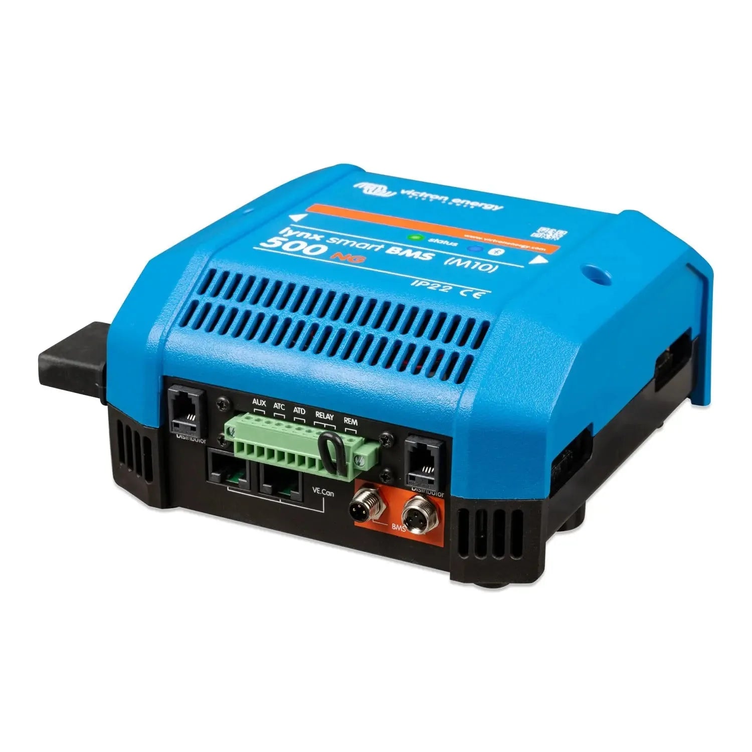 Blue and black battery management system device with green terminal connectors and orange battery terminals visible on front 