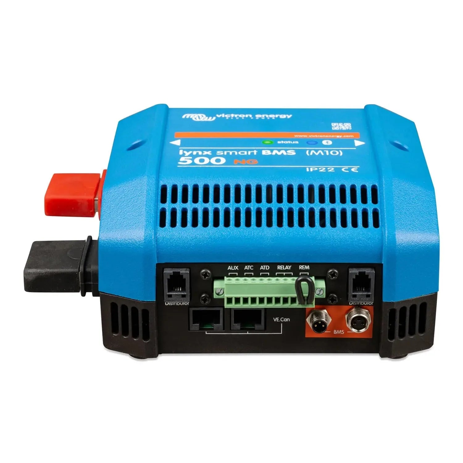 Victron Lynx Smart BMS 500 NG battery management system, blue and black device with red connector and terminal connections vi