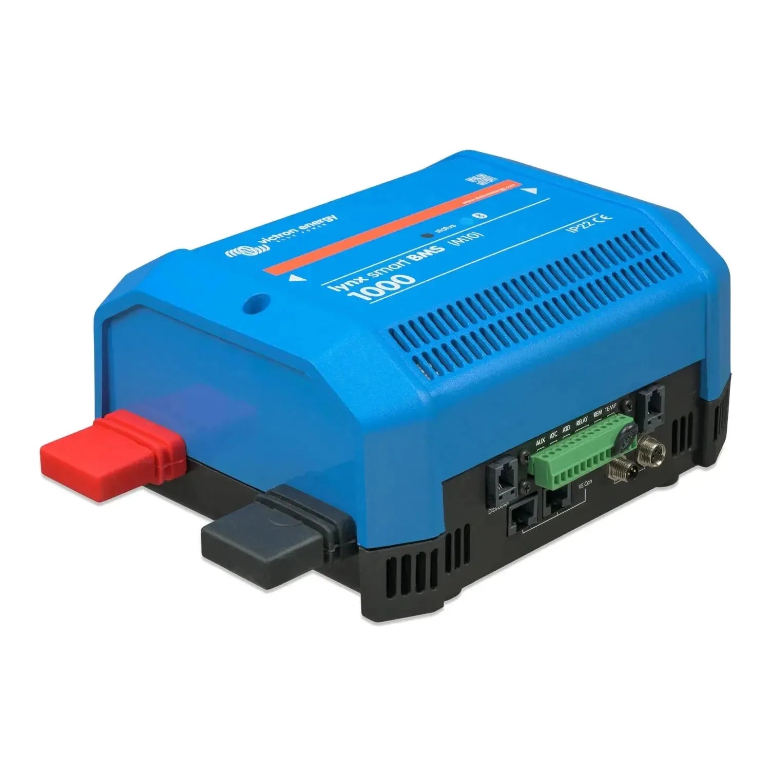 Blue and black Victron Lynx Smart BMS 1000 battery management system with red battery terminal connector and green terminal b