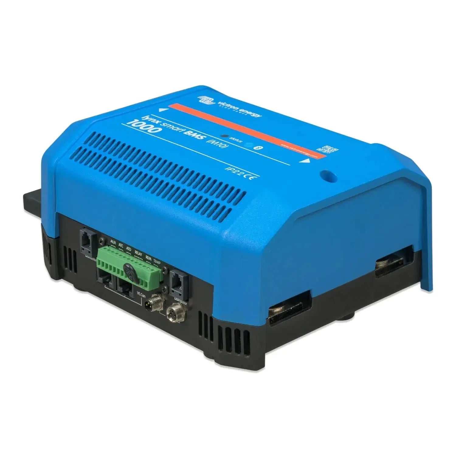 Blue and black Victron Lynx Smart BMS 1000 battery management system with green terminal connectors and ventilation slots vis
