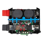 Internal view of Victron Lynx Smart BMS showing dual capacitors, circuit boards, wiring, and metal terminals with blue mounti