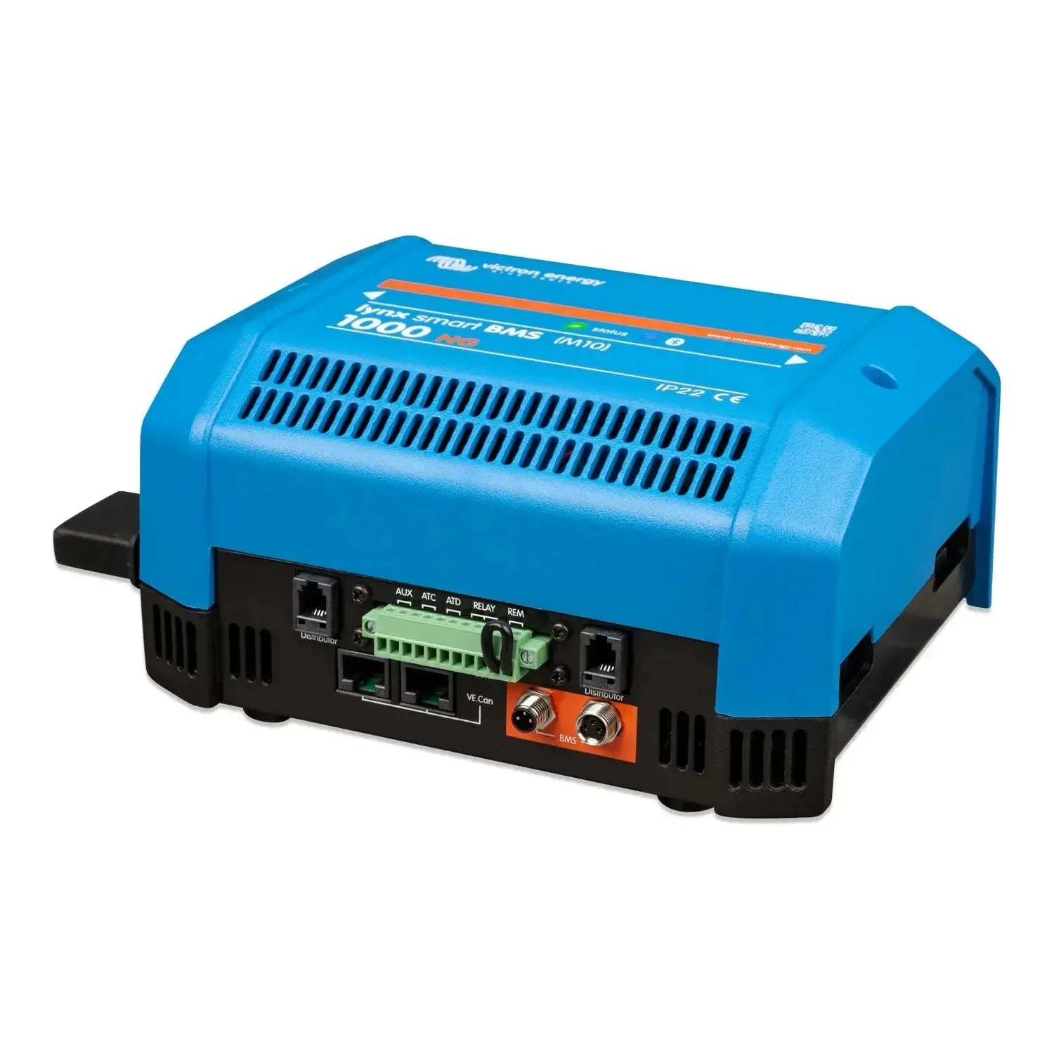 Blue and black battery management system with ventilation grilles, green terminal blocks, and orange connectors on front pane
