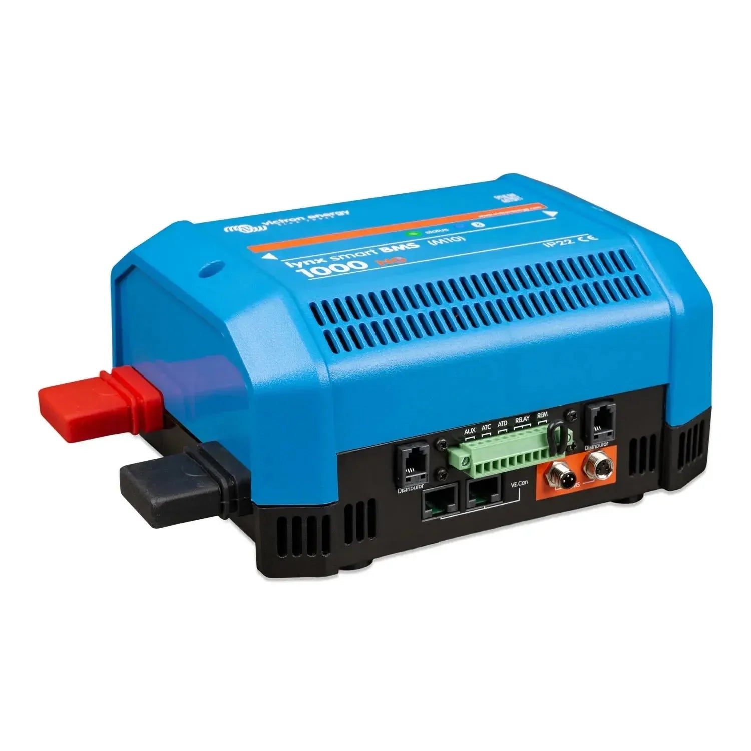 Blue and black power management device with red battery terminal, green terminal blocks, and ventilation grilles on black bas