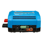 Victron Lynx Smart BMS 1000 NG battery management system, blue and black unit with red terminal, shown from front and bottom 