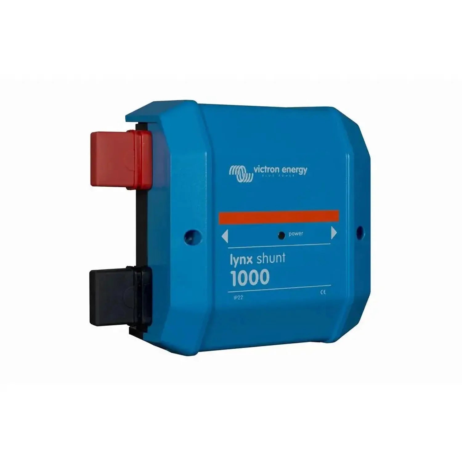 Victron Energy Lynx Shunt 1000 battery monitor with blue casing, red terminal connector, and power indicator display.