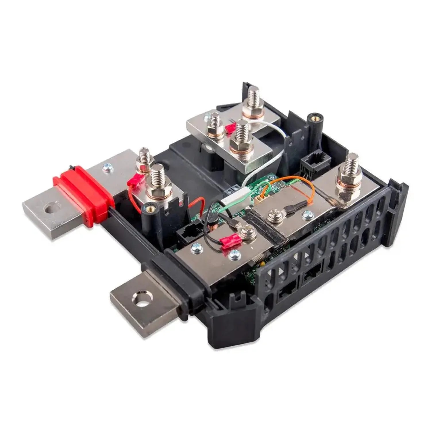 Victron Lynx Shunt battery monitor showing internal components with multiple silver terminal posts, red fuses, green circuit 