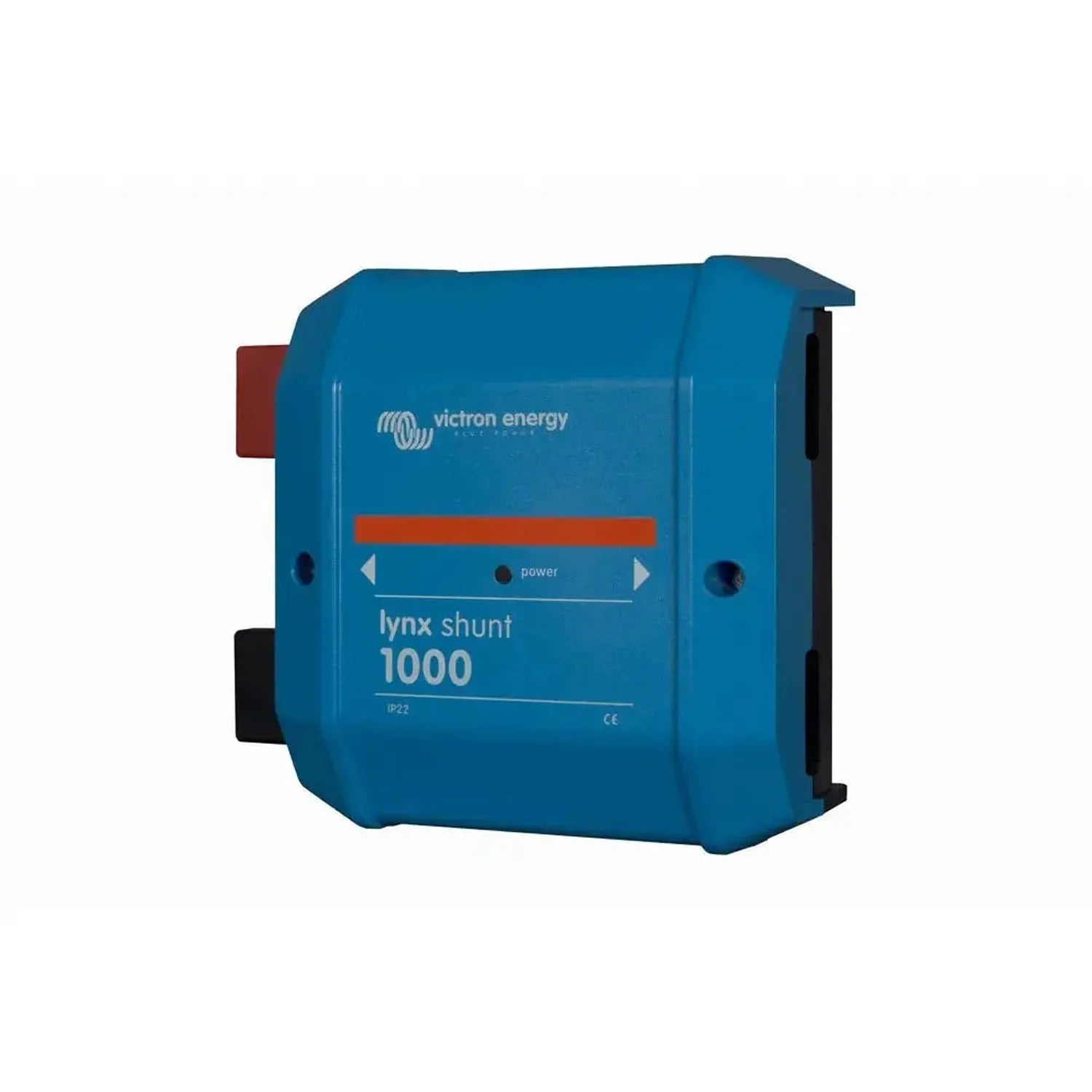 Blue Victron Energy Lynx Shunt 1000 battery monitor with red terminal connectors and power indicator light.