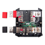 Victron Lynx Shunt battery monitor interior view showing circuit board, metal terminals, red and black connectors, and protec
