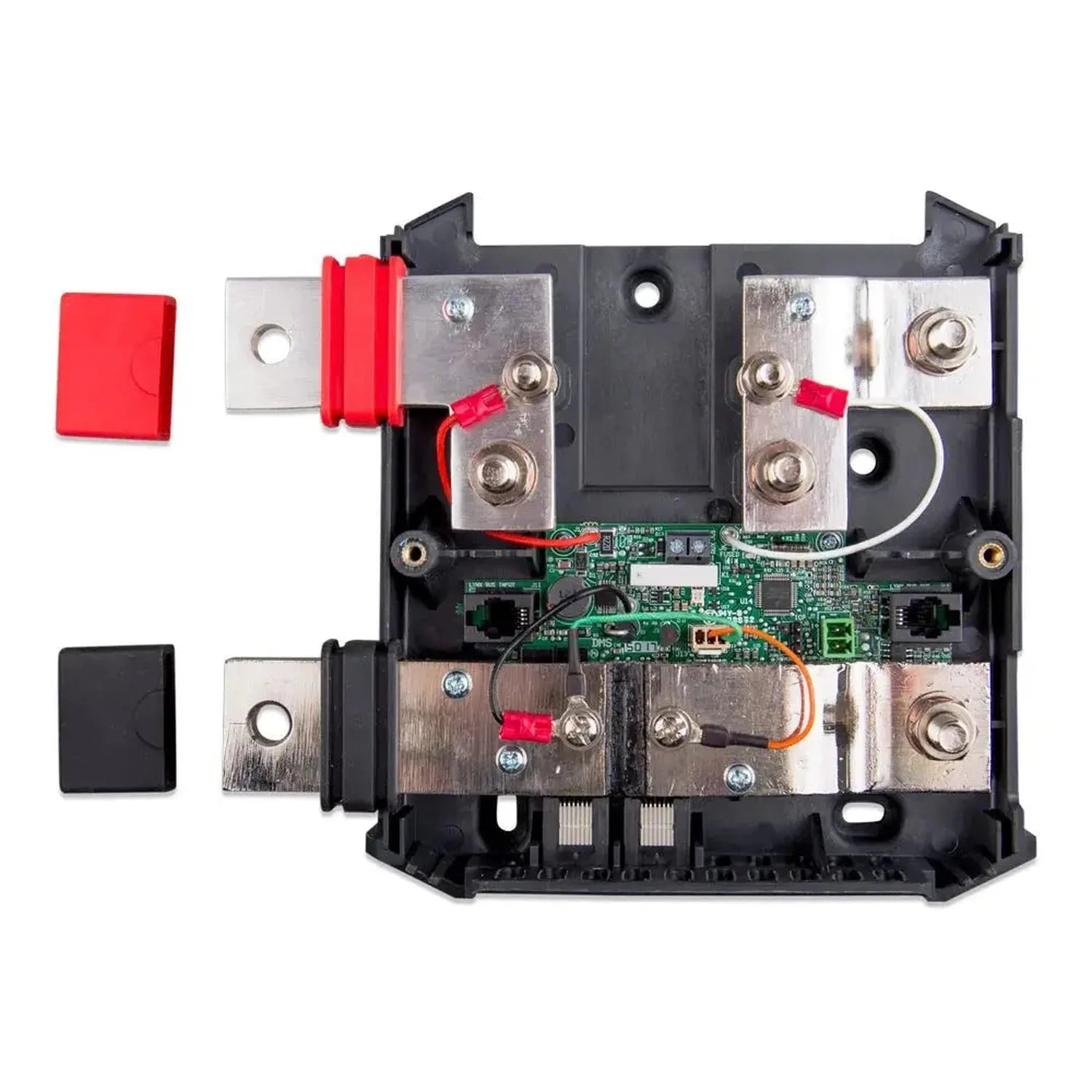 Victron Lynx Shunt battery monitor interior view showing circuit board, metal terminals, red and black connectors, and protec