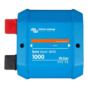 Victron Energy Lynx Shunt M10 blue DC busbar module with red and black connectors and power indicator light.