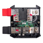 Internal view of Victron Lynx Shunt DC busbar module showing metal terminals, circuit board, and red cable connectors.