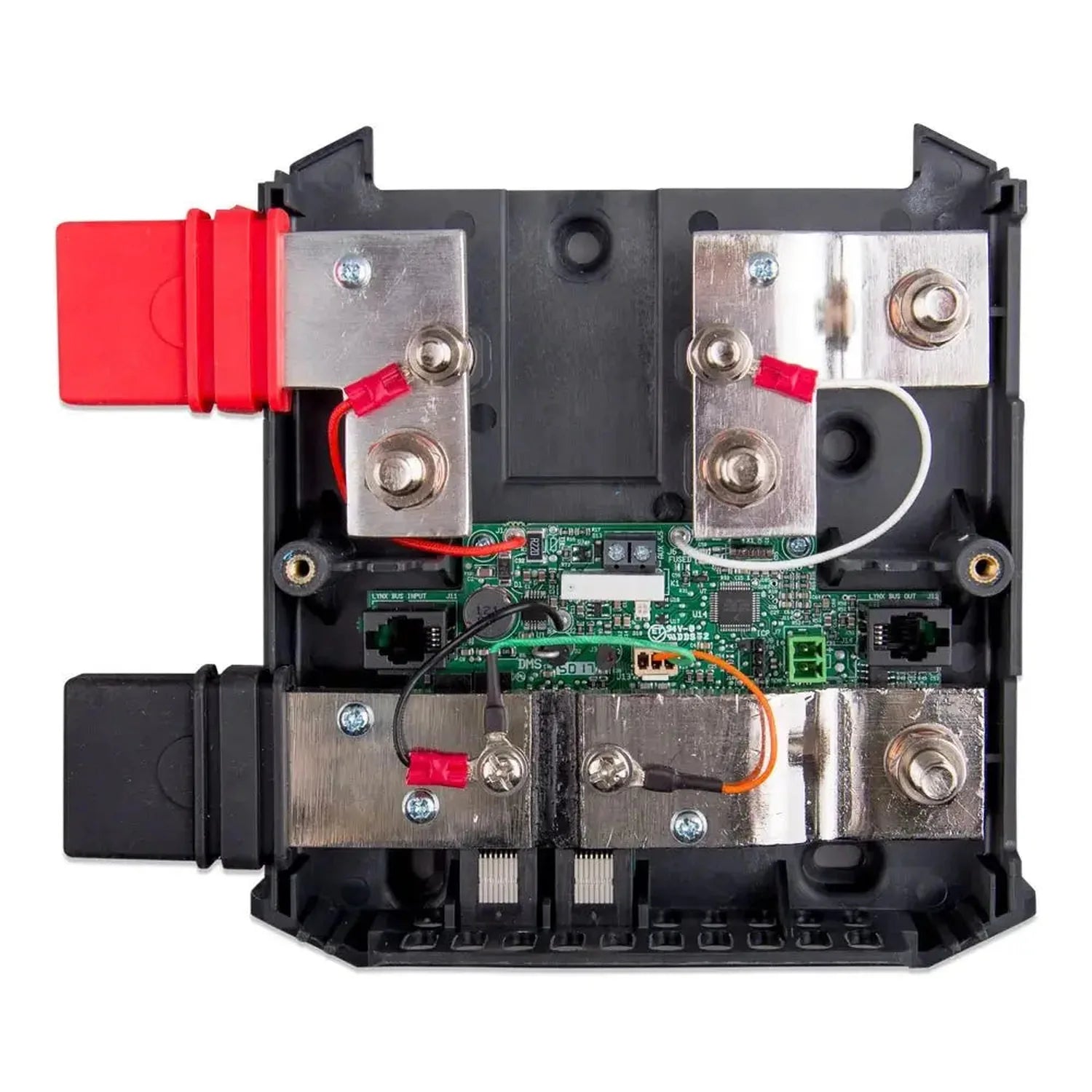 Internal view of Victron Lynx Shunt DC busbar module showing metal terminals, circuit board, and red cable connectors.