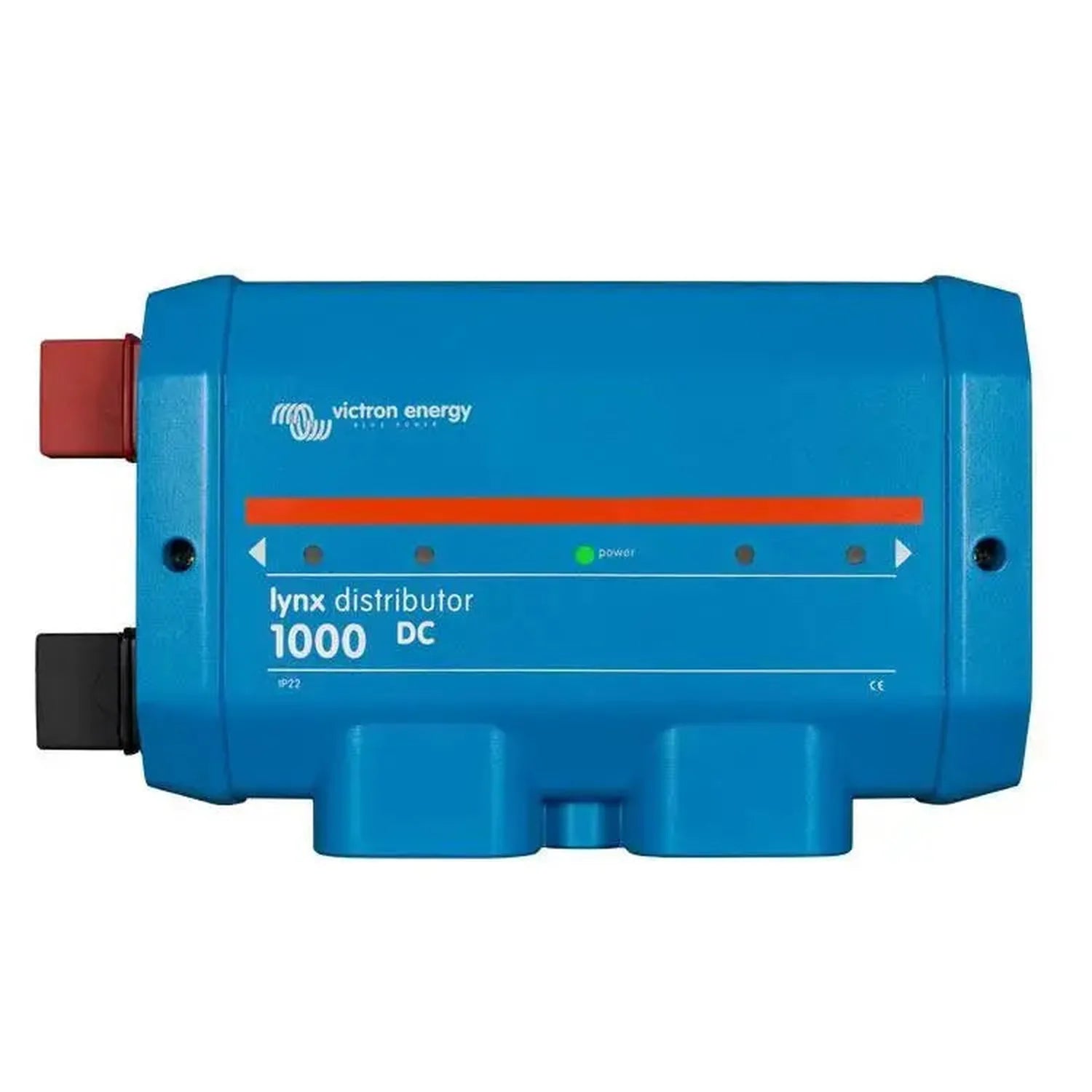 Victron Energy Lynx Distributor 1000 DC blue cylindrical power distribution module with red and black cable connectors.