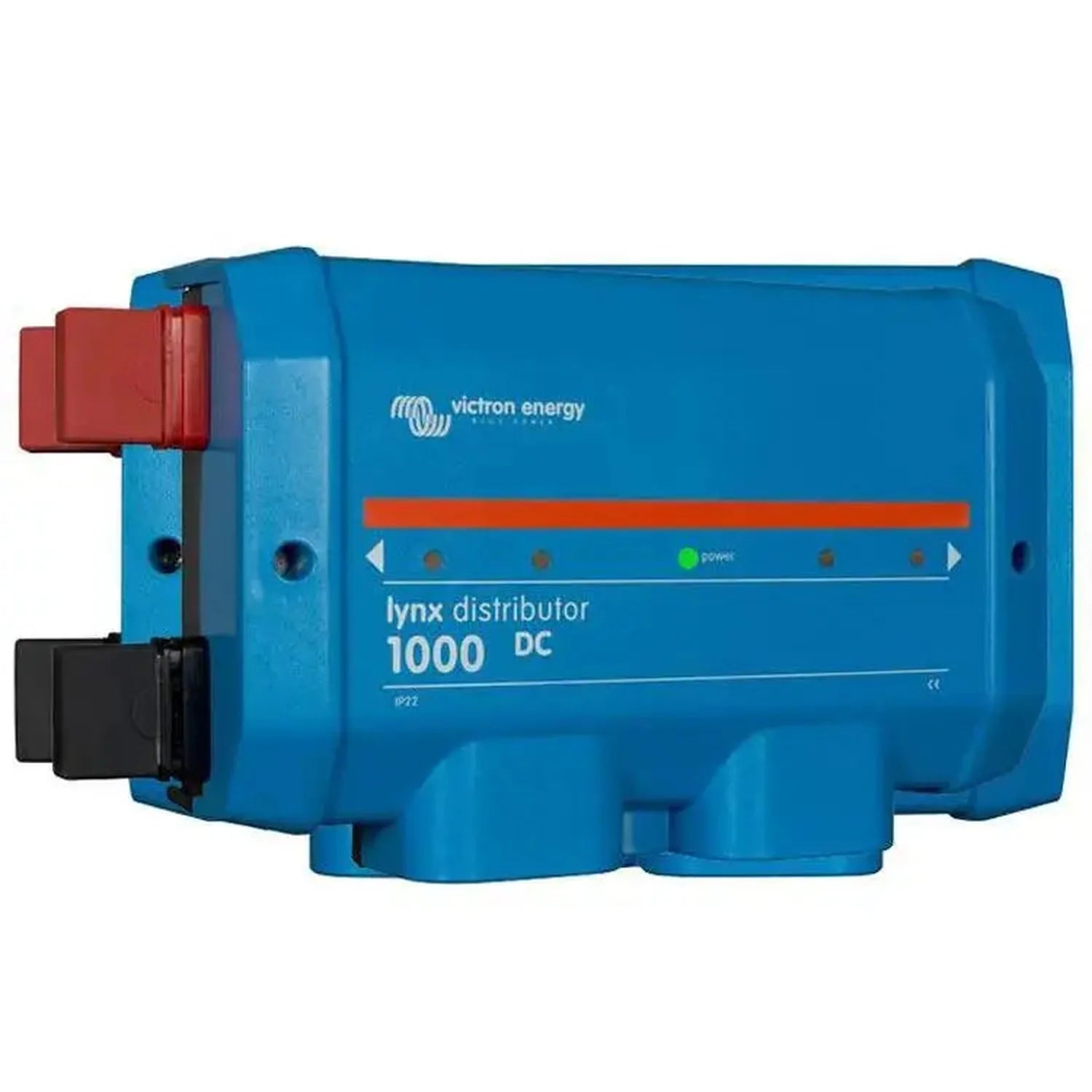 Blue Victron Energy Lynx Distributor 1000 DC device with red terminal connector and power indicator light, product shot on wh