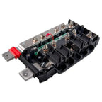 Victron Lynx Distributor M10 DC busbar module showing internal components with multiple silver terminal studs, black plastic 