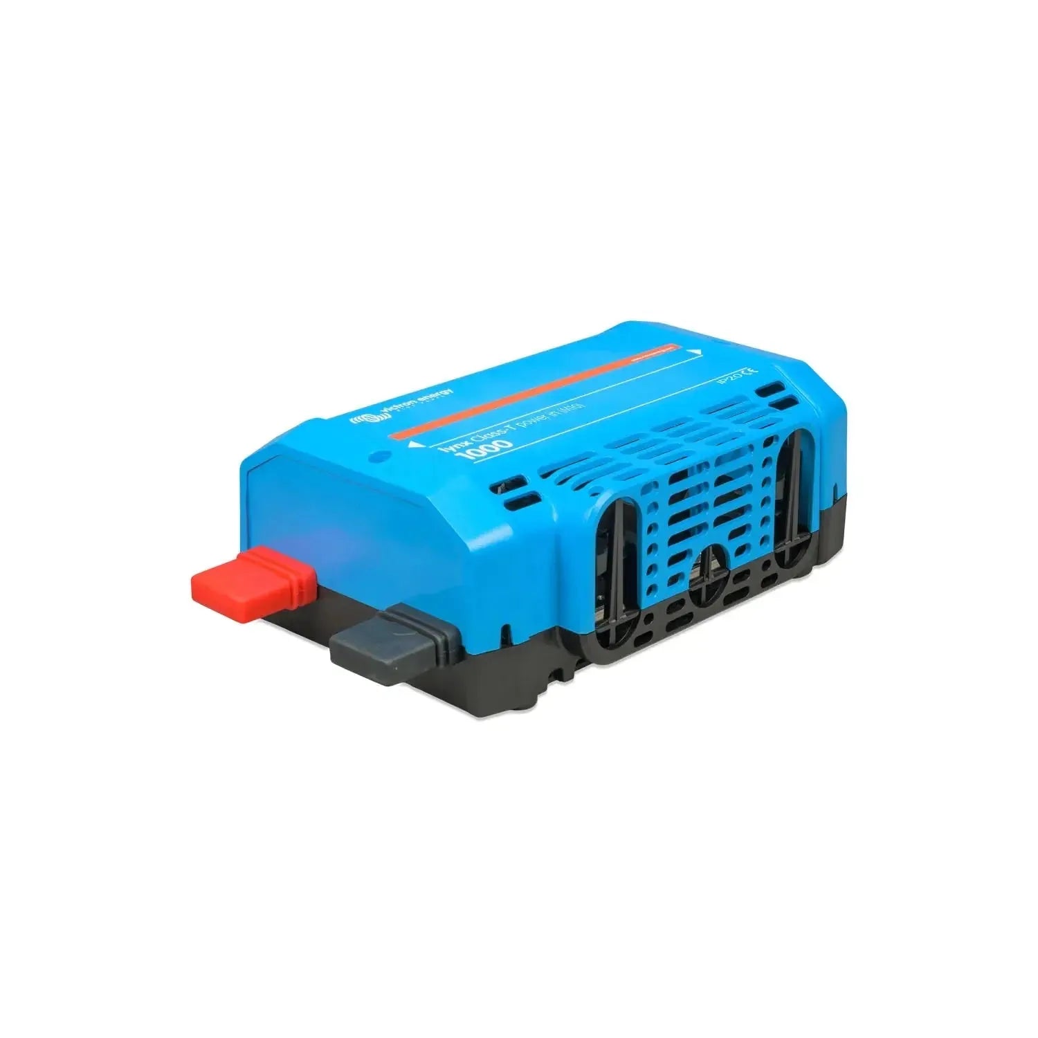 Blue rectangular power distribution module with red positive terminal and black negative terminals, front-facing product phot