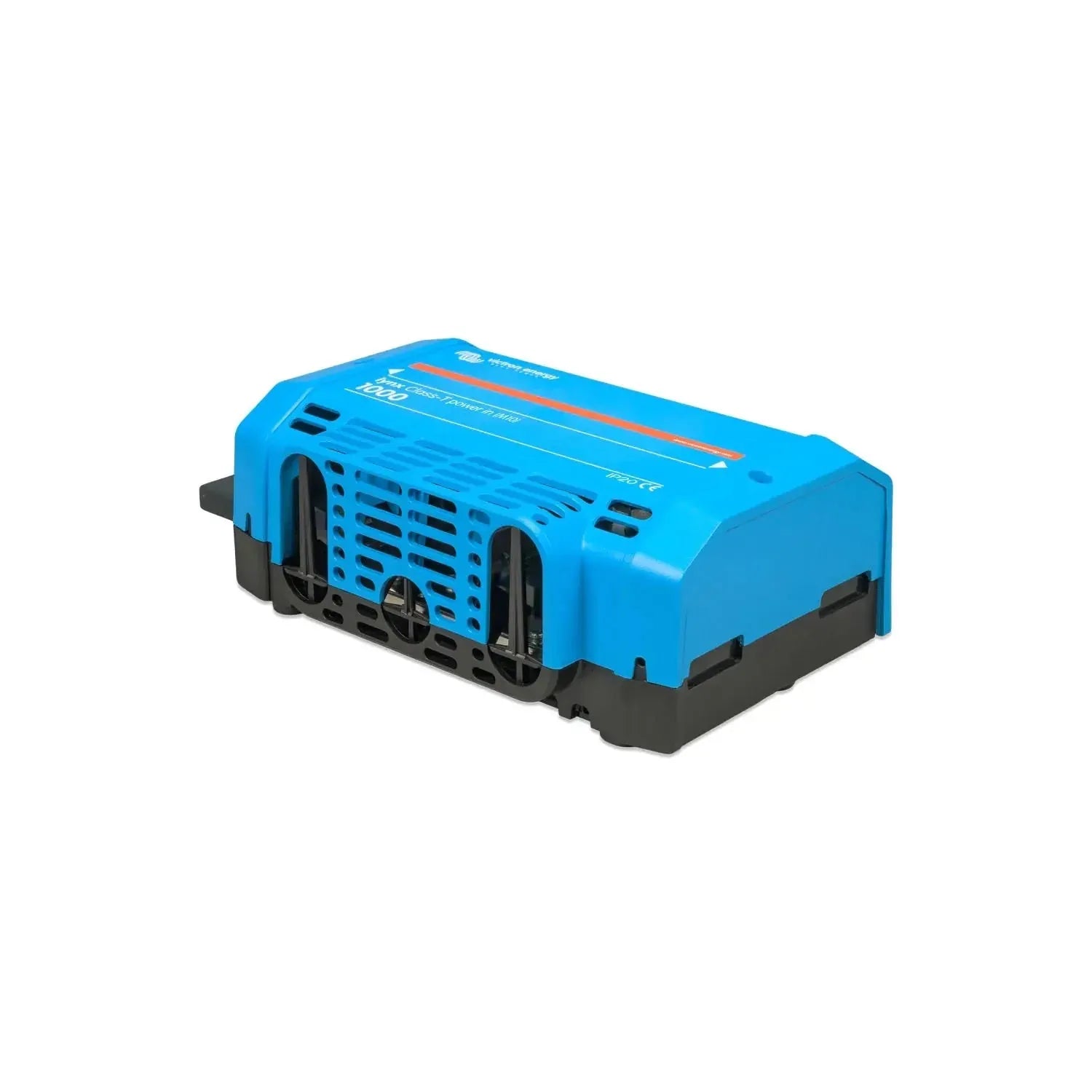 Blue and black Victron Lynx Class-T power distribution module with ventilation grilles on front face, shown against white bac