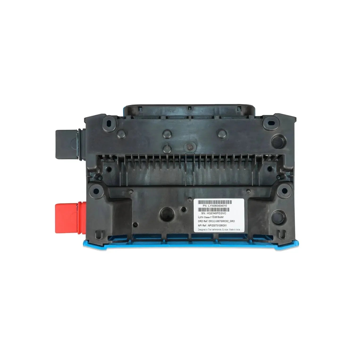 Victron Lynx Class-T power distribution module shown from rear view, displaying internal connectors and identification label 
