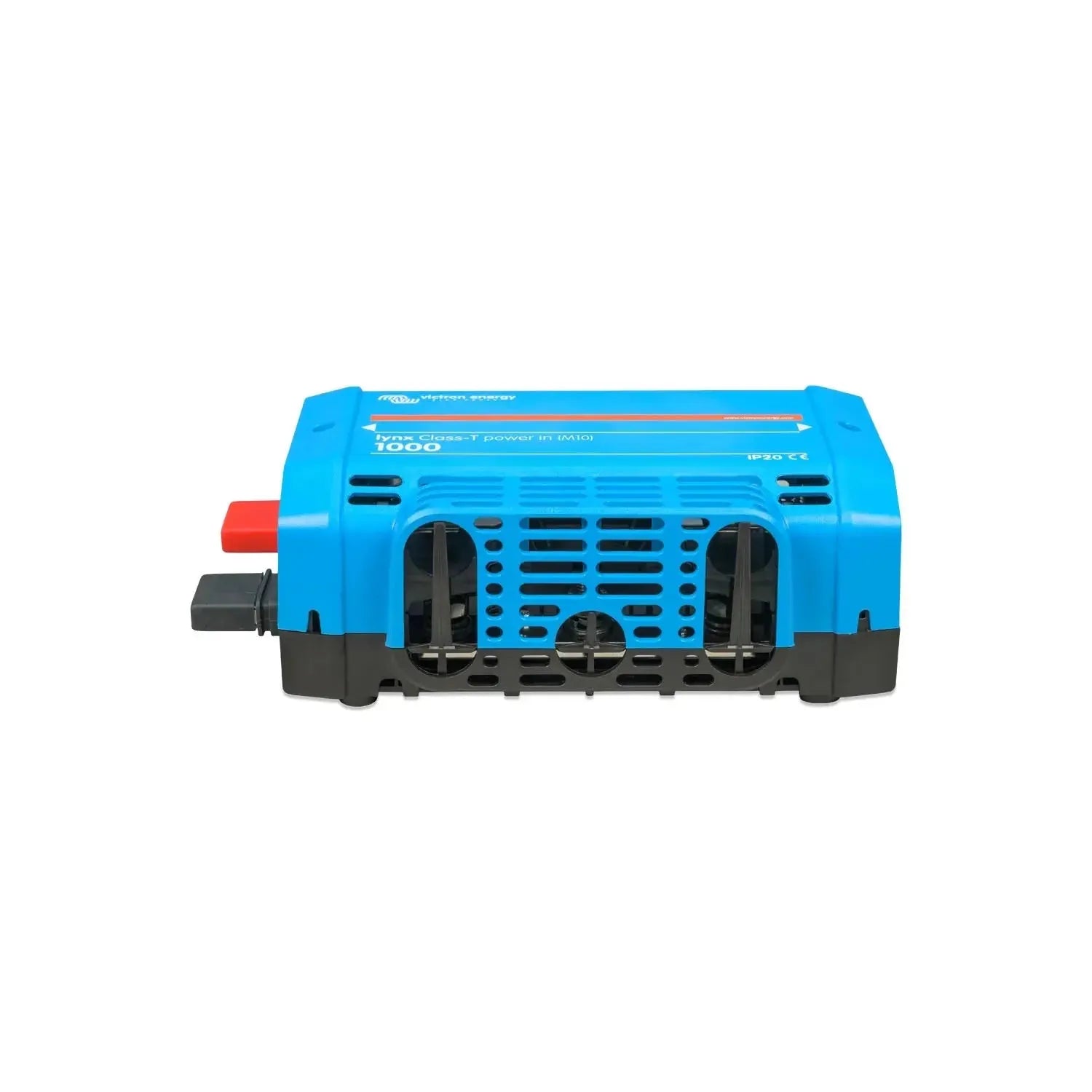Blue Victron Lynx Class-T 1000 power distribution module with black base, red and black terminal connectors, and ventilation 