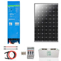 Victron EasySolar MPPT kit components: blue inverter charger, black solar panel, red and black cables, circuit breakers, and 