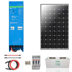 Victron EasySolar MPPT kit components: blue inverter charger, black solar panel, red and black cables, circuit breakers, and 