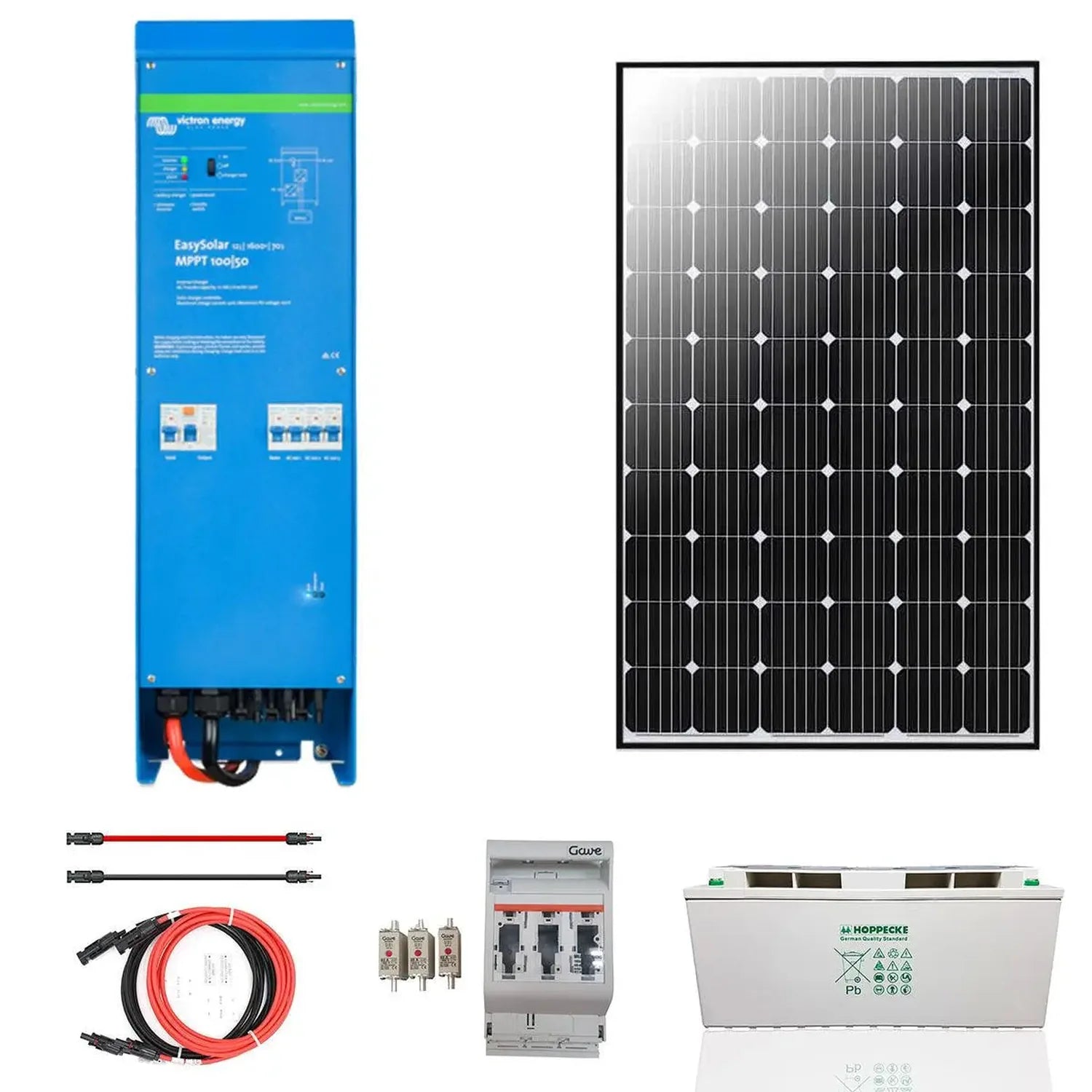Victron EasySolar MPPT kit components: blue inverter charger, black solar panel, red and black cables, circuit breakers, and 