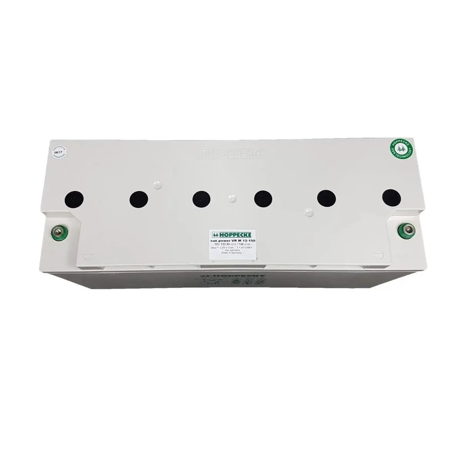 Hoppecke lithium battery top view showing six black terminals and green grounding posts, made in Germany.