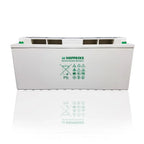 White Hoppecke battery with green branding, recycling symbols, and lead warning label, shown front view with reflection.