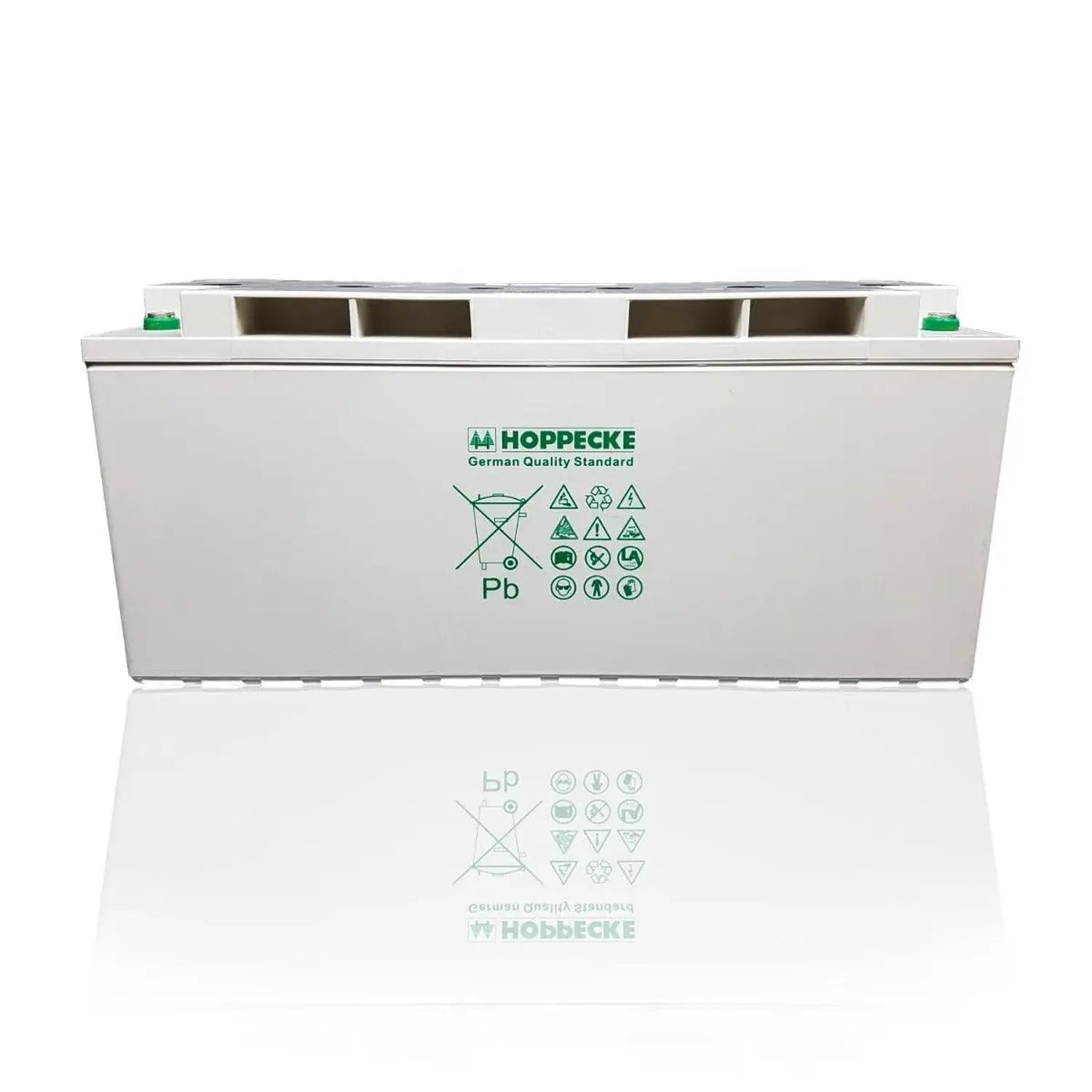 White Hoppecke battery with green branding, recycling symbols, and lead warning label, shown front view with reflection.