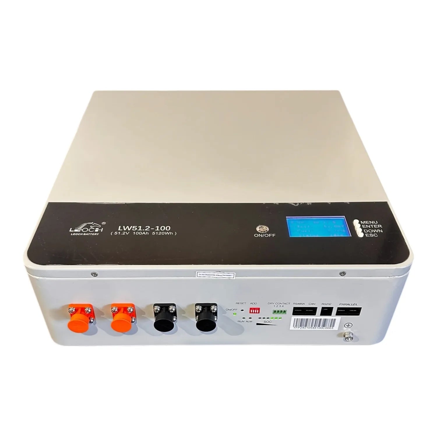 Leoch LW51.2-100 lithium battery unit with beige top panel, black control strip with blue display screen, and orange and blac