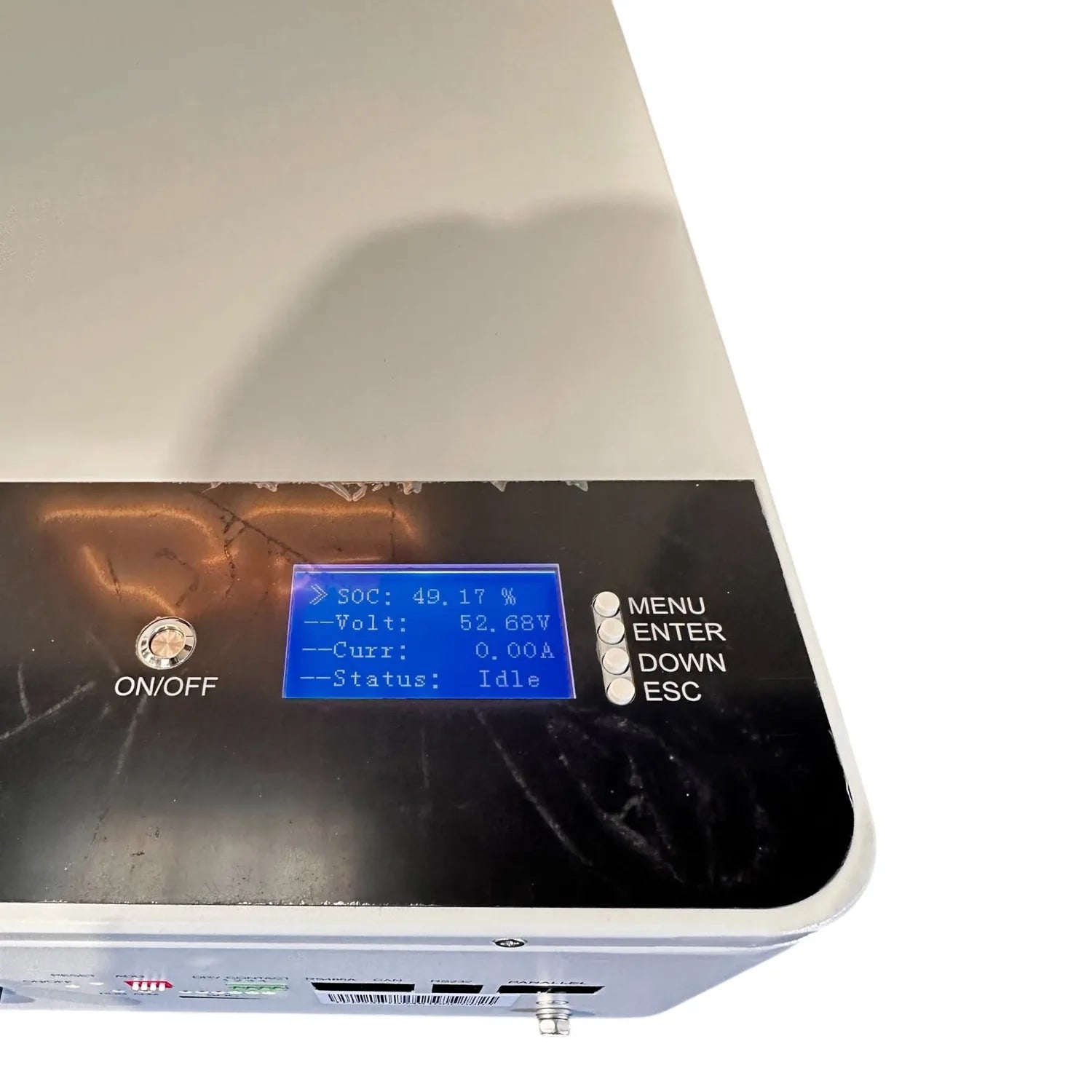 Leoch lithium battery display screen showing SOC 49.17%, voltage 52.68V, current 0.00A, and idle status, with ON/OFF and menu