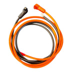 Coiled orange and black power cable with connector terminals on white background.
