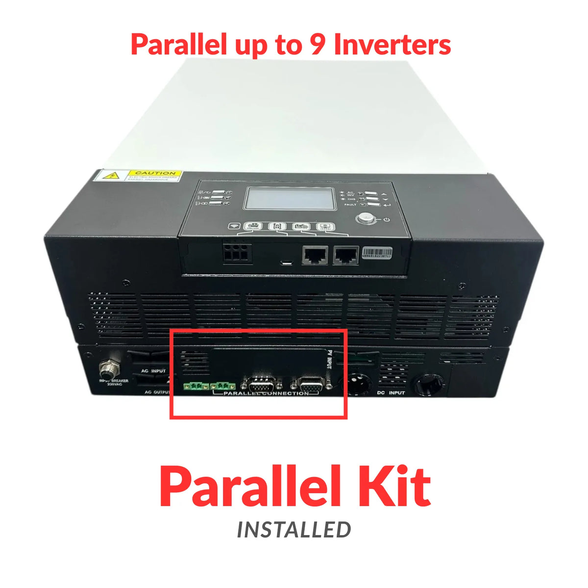 Conversol 6200W inverter with parallel kit installed, showing connection ports highlighted on rear panel.