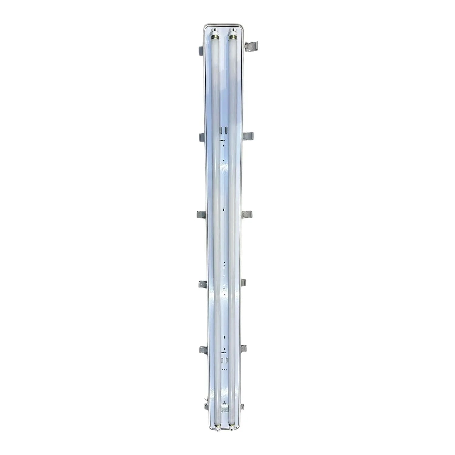 Vertical view of LED twin tube fitting with two fluorescent tubes, metal mounting brackets, and central control panel, produc