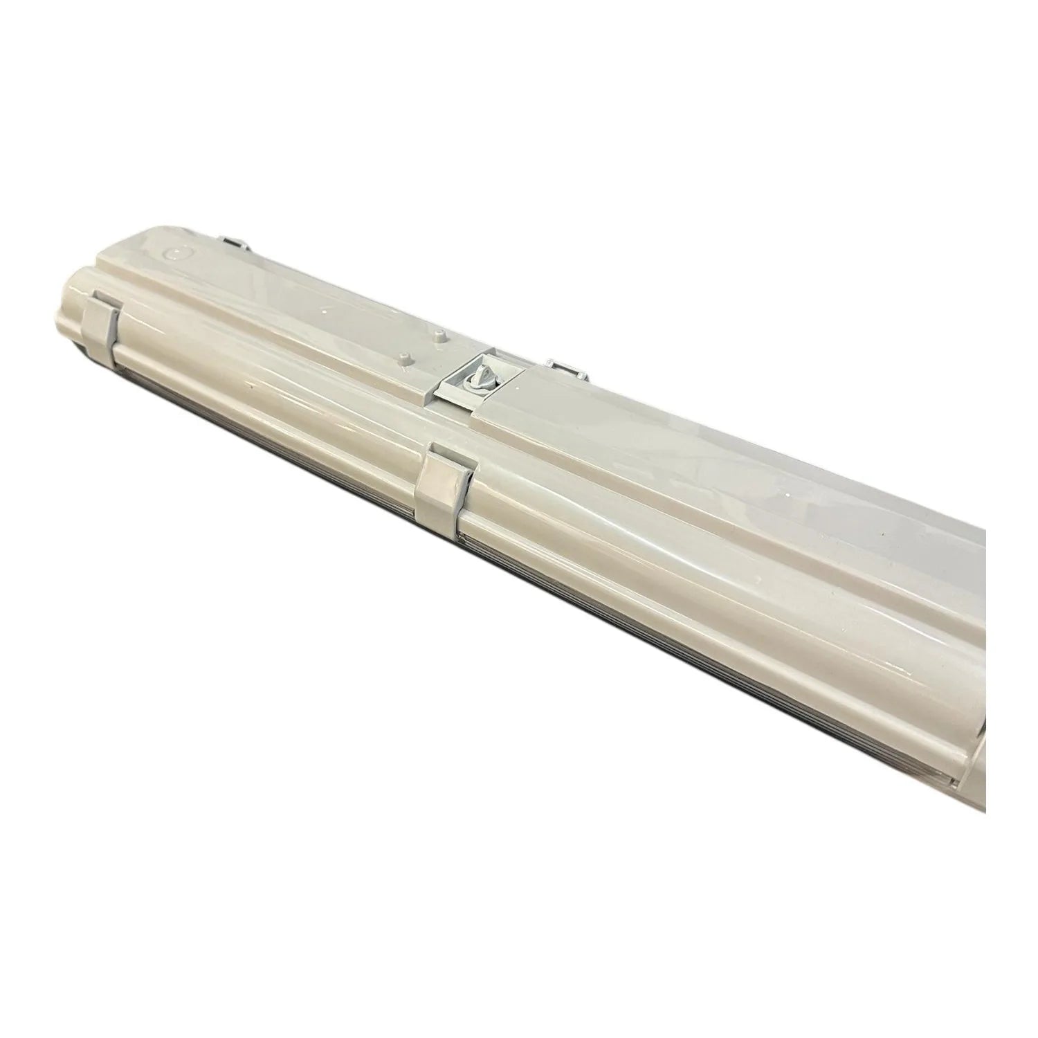 Cream-colored LED tube fitting with two parallel fluorescent tubes, metal clips, and IP65-rated weatherproof housing, shown a