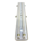 Top-down view of white LED tube fitting with two fluorescent tubes, mounting brackets, and control ports visible from above.