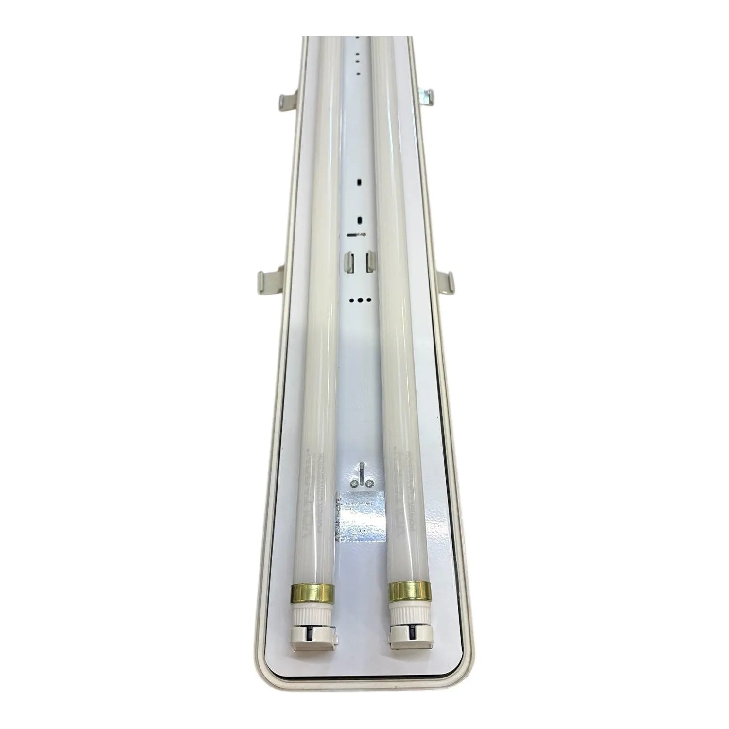 Top-down view of white LED tube fitting with two fluorescent tubes, mounting brackets, and control ports visible from above.