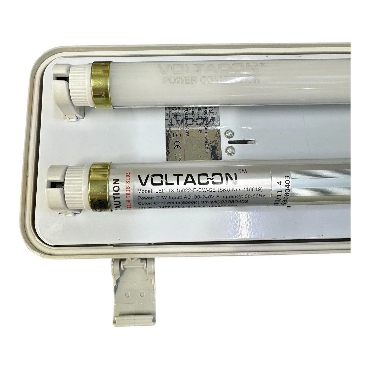 Voltacon LED-T8-15022-F-CW-SE twin tube fitting with two cool white fluorescent tubes installed in waterproof housing, 22W po
