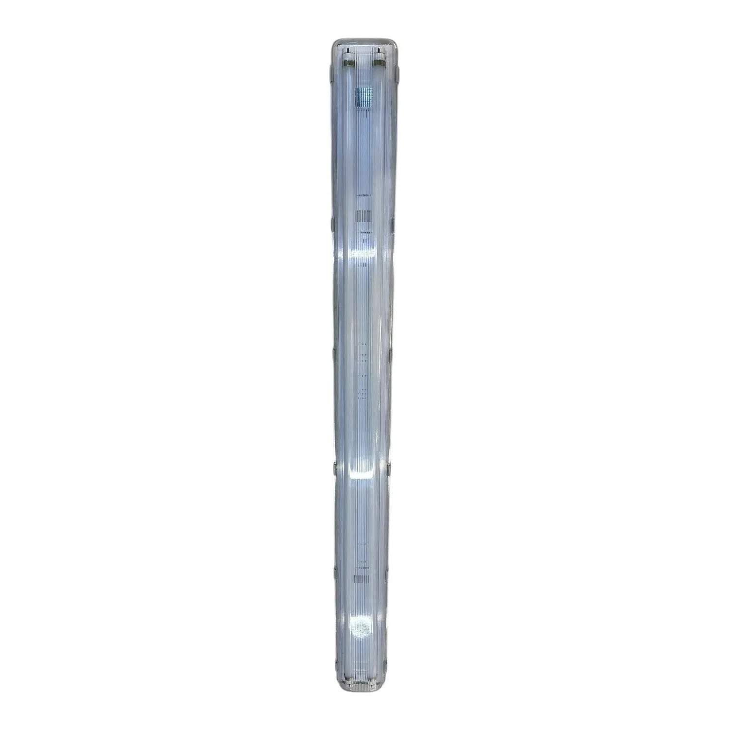 Long rectangular LED tube fitting with dual fluorescent tubes, clear ribbed plastic housing, mounting brackets at top, produc