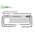 LiFePO4 LED emergency lighting module with black tubing, white connectors, and wiring diagram layout.