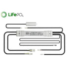 LiFePO4 LED emergency lighting conversion kit showing wiring diagram with battery module, power supply unit, and multiple LED