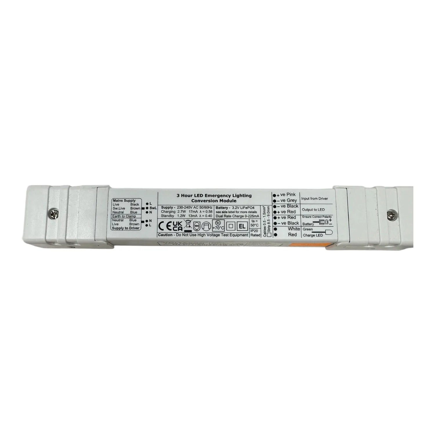 3 Hour LED Emergency Lighting Conversion Module with white plastic housing and technical specifications label visible on top.