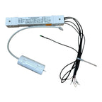 3 hour LED emergency lighting kit with white ballast, battery pack, and black power cables displayed against white background