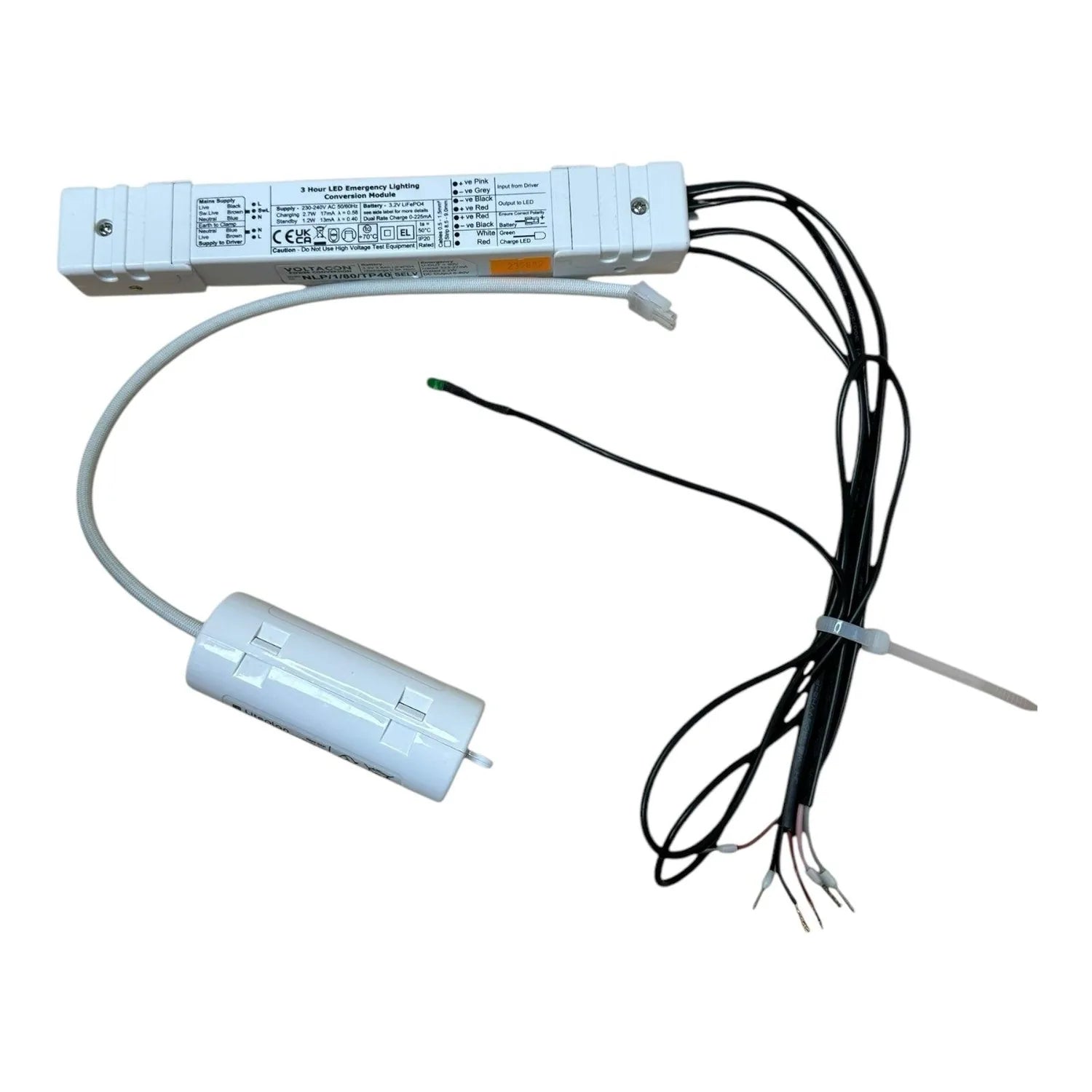 3 hour LED emergency lighting kit with white ballast, battery pack, and black power cables displayed against white background