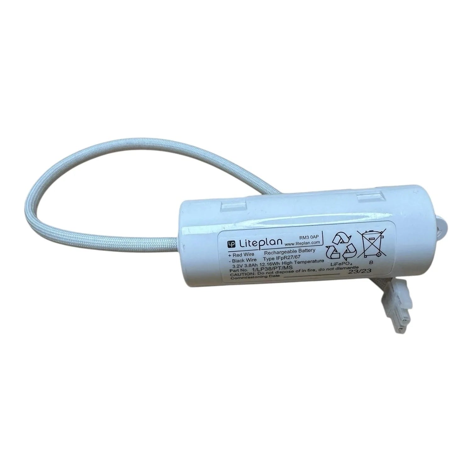 Liteplan LiFePO4 rechargeable battery with attached white braided cable and connector, label visible on cylindrical white cas