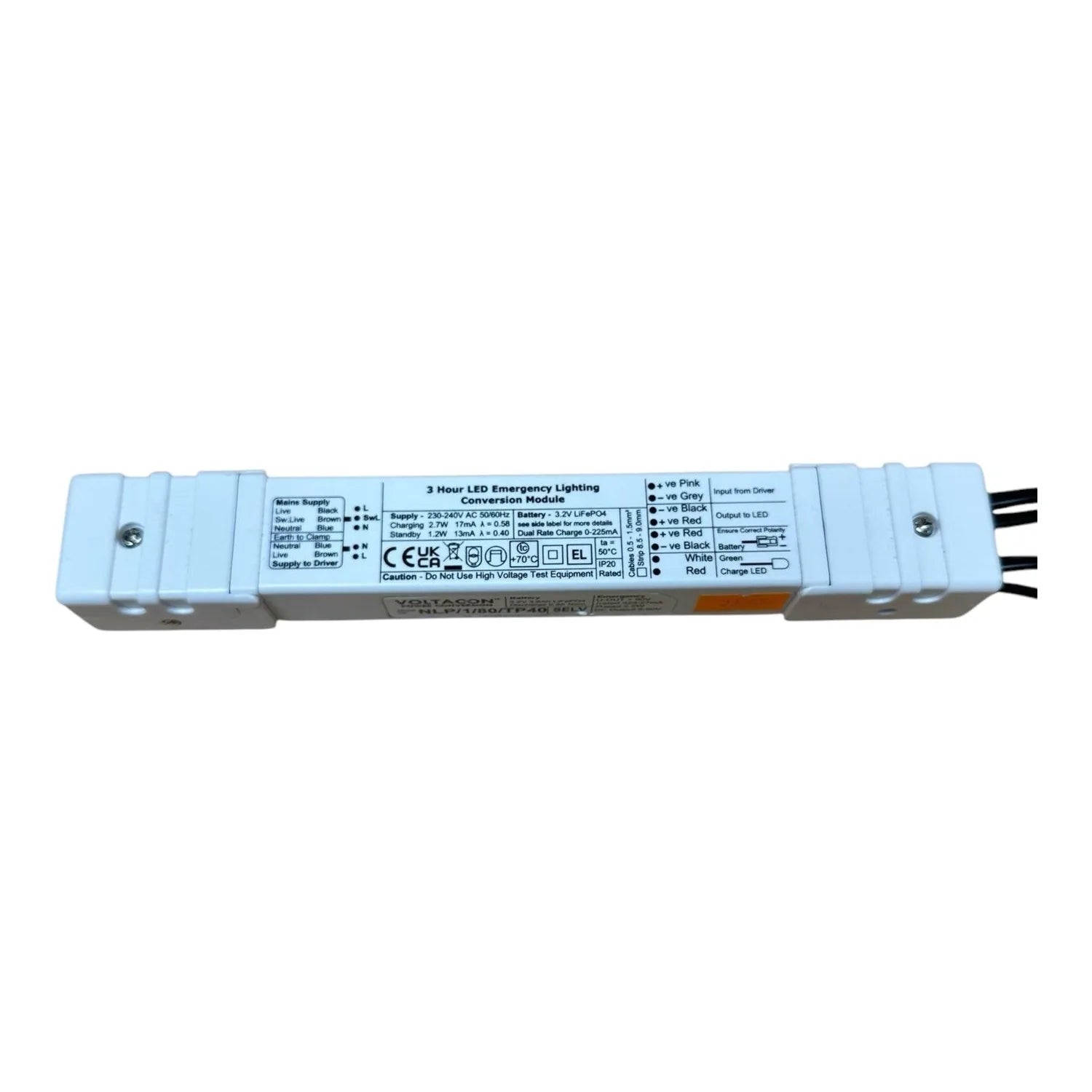 3 Hour LED Emergency Lighting Conversion Module with LiFePO4 battery, top view showing specifications label and connection te