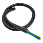 Coiled black power cable with blue, green, and yellow conductor wires visible at the cut end, showing product specifications 